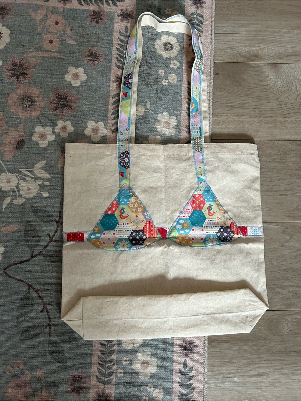 Canvas Tote Bag with Multicolor Patchwork Accent